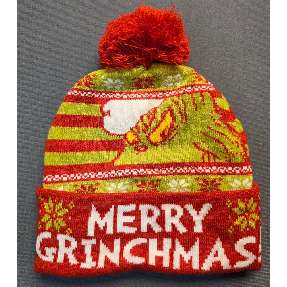 New Dr Seuss The Grinch Merry Grinchmas Knit Winter Beanie Hat Pom Adult - Picture 2 of 2
